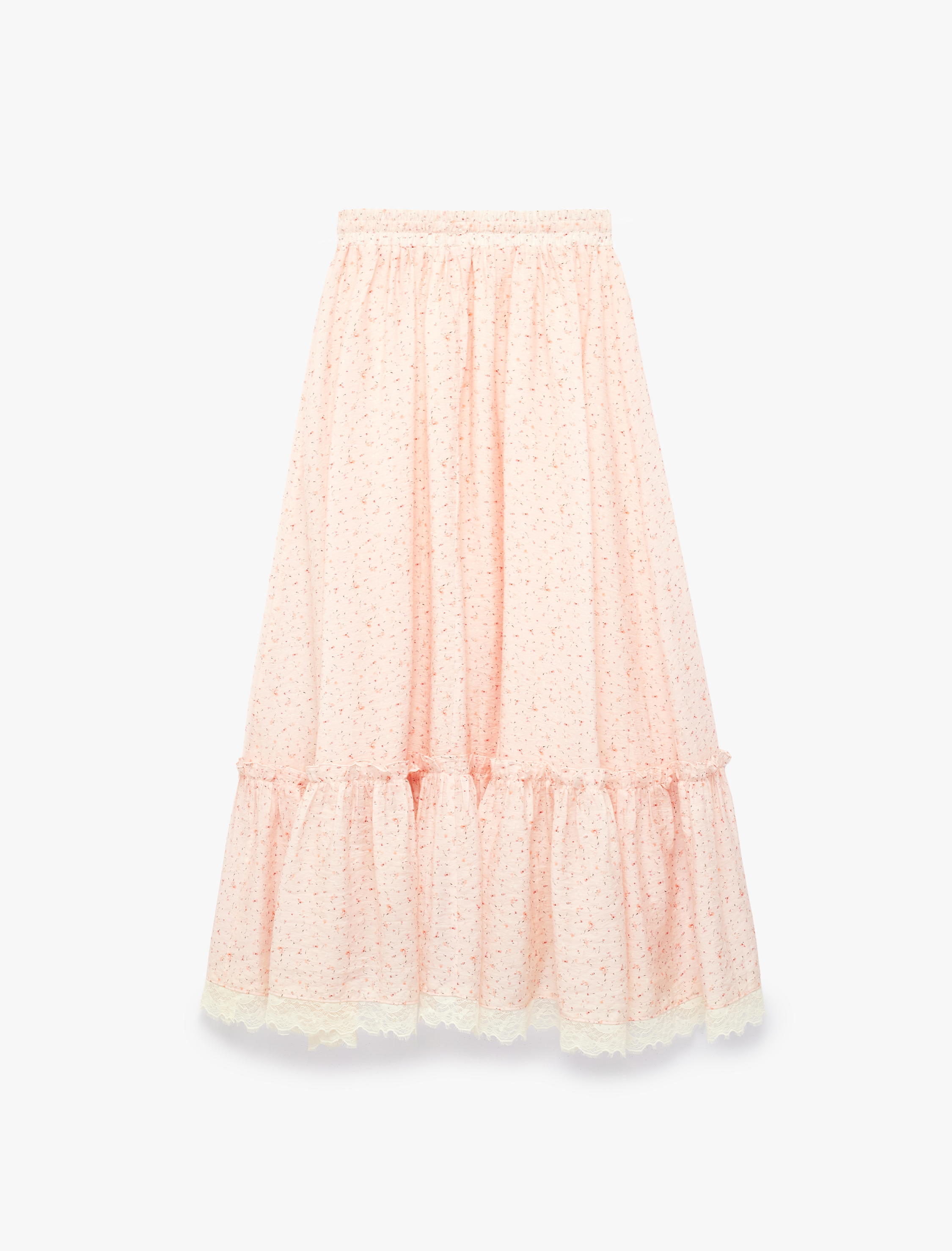   Beli Lastikli Bağlamalı Fırfırlı Dantel Detaylı Asimetrik Çiçekli Midi Etek