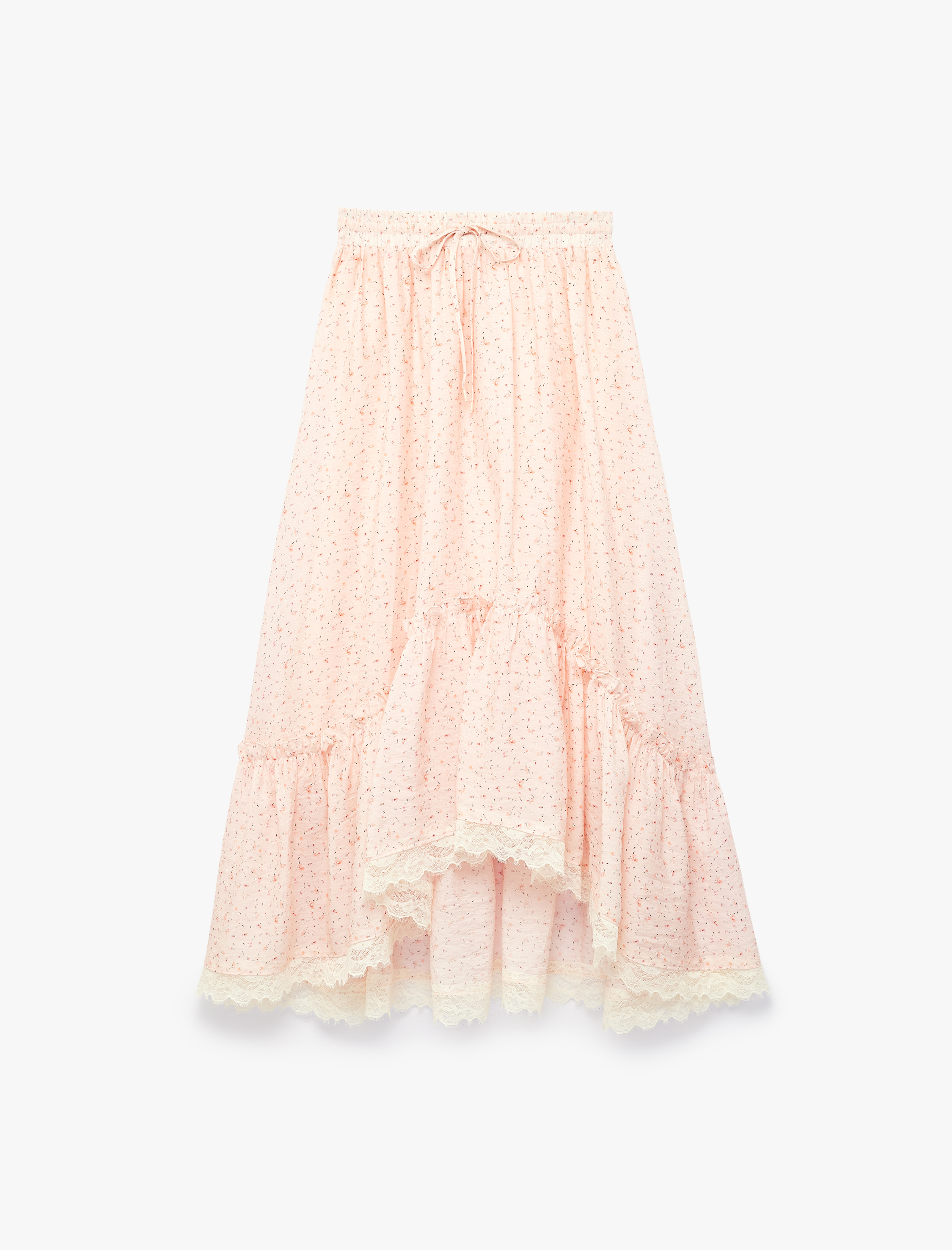   Beli Lastikli Bağlamalı Fırfırlı Dantel Detaylı Asimetrik Çiçekli Midi Etek