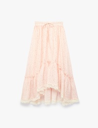 Beli Lastikli Bağlamalı Fırfırlı Dantel Detaylı Asimetrik Çiçekli Midi Etek