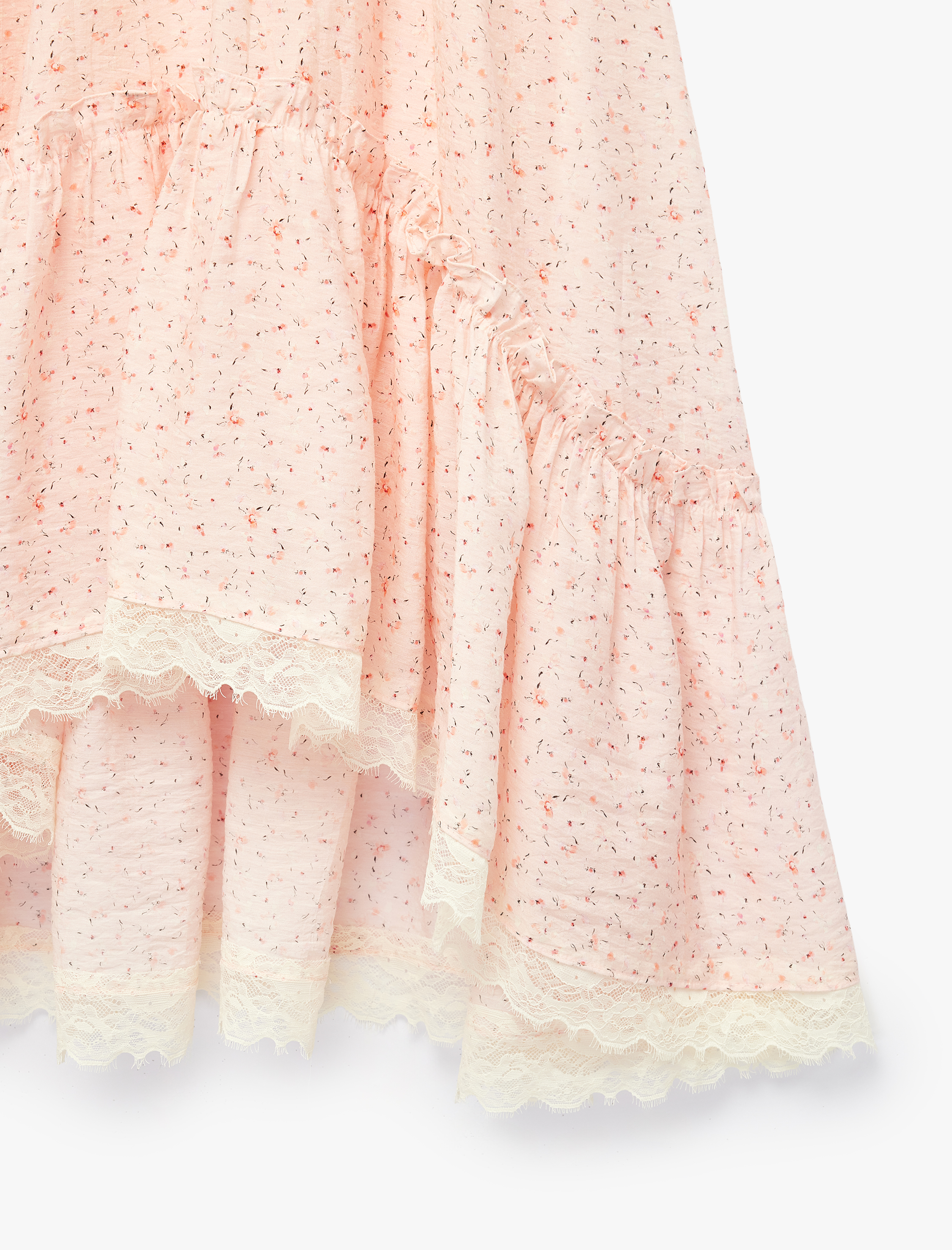   Beli Lastikli Bağlamalı Fırfırlı Dantel Detaylı Asimetrik Çiçekli Midi Etek