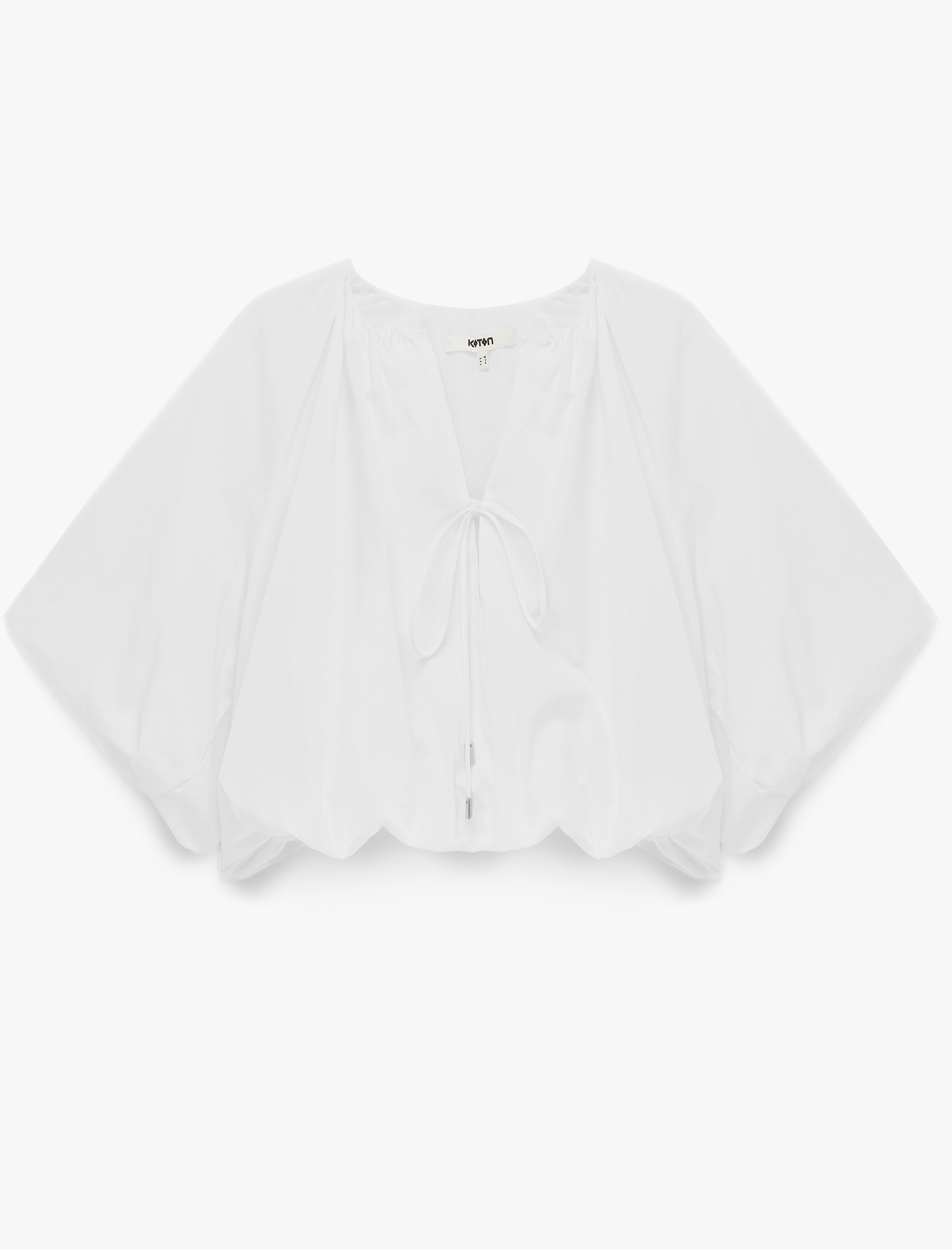   Pamuklu Poplin Kumaş Önden Bağlama Detaylı Kısa Kollu Balon Fit Oversize Bluz