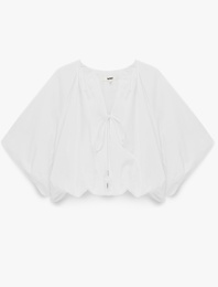 Pamuklu Poplin Kumaş Önden Bağlama Detaylı Kısa Kollu Balon Fit Oversize Bluz