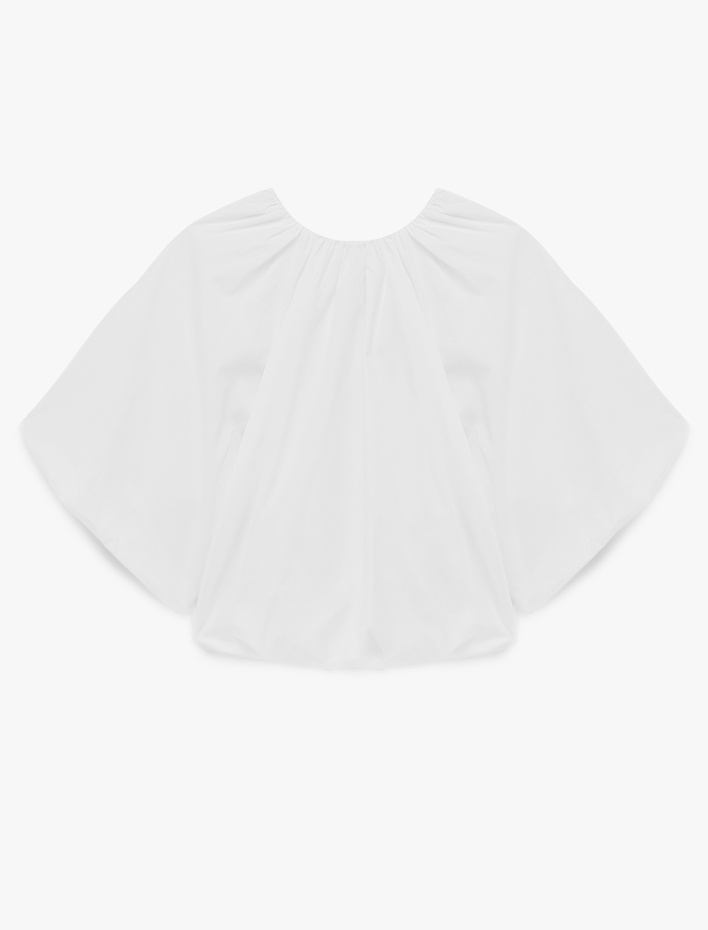  Pamuklu Poplin Kumaş Önden Bağlama Detaylı Kısa Kollu Balon Fit Oversize Bluz