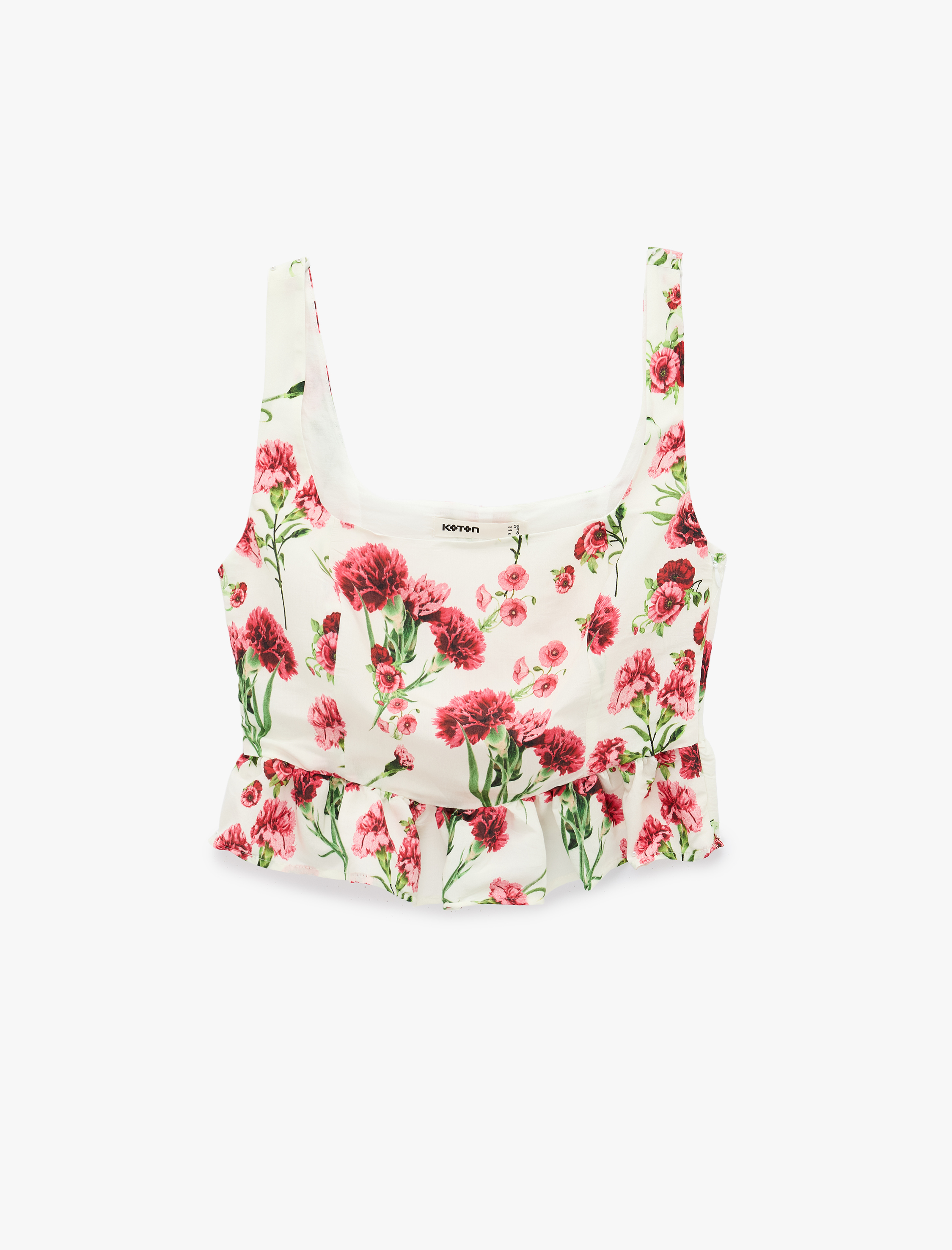   Viskon Kumaş Slim Fit Kare Yaka Kalın Askılı Çiçekli Crop Bluz