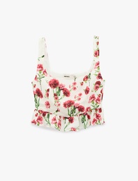 Viskon Kumaş Slim Fit Kare Yaka Kalın Askılı Çiçekli Crop Bluz