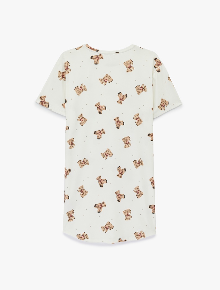  Ayıcık Baskılı Bisiklet Yaka Kısa Kollu Gecelik