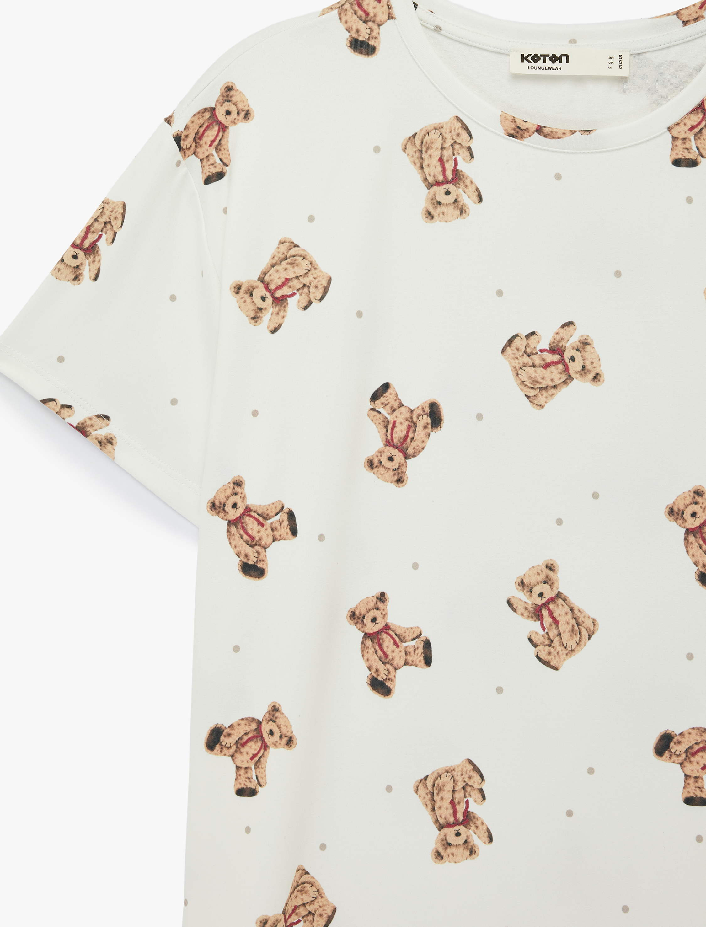   Ayıcık Baskılı Bisiklet Yaka Kısa Kollu Gecelik