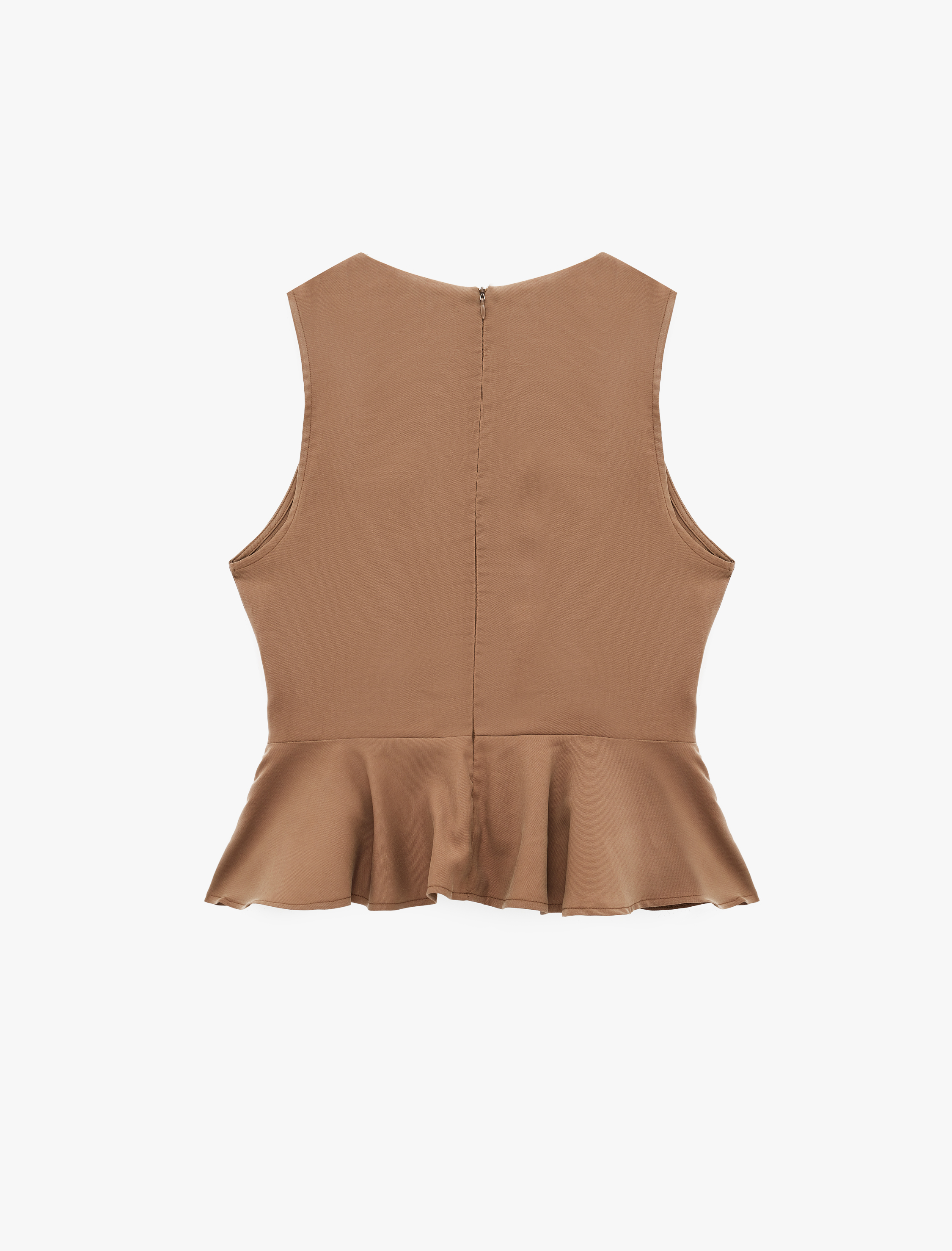   Cupro Viskon Kumaş Aksesuarlı Bisiklet Yaka Kolsuz Peplum Bluz