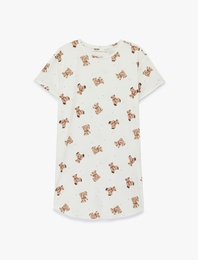 Ayıcık Baskılı Bisiklet Yaka Kısa Kollu Gecelik