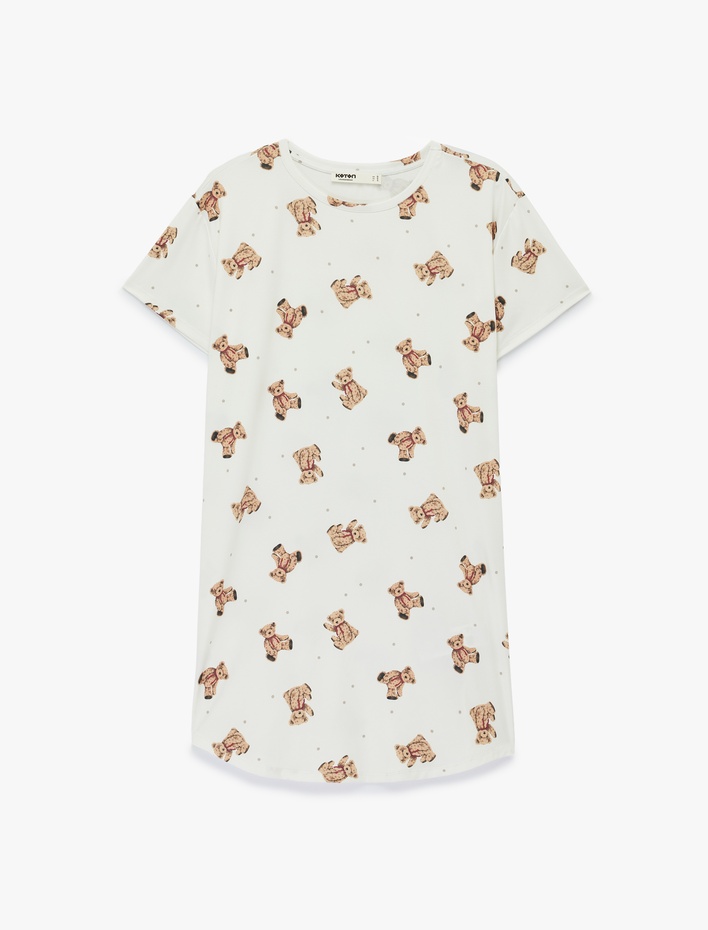  Ayıcık Baskılı Bisiklet Yaka Kısa Kollu Gecelik