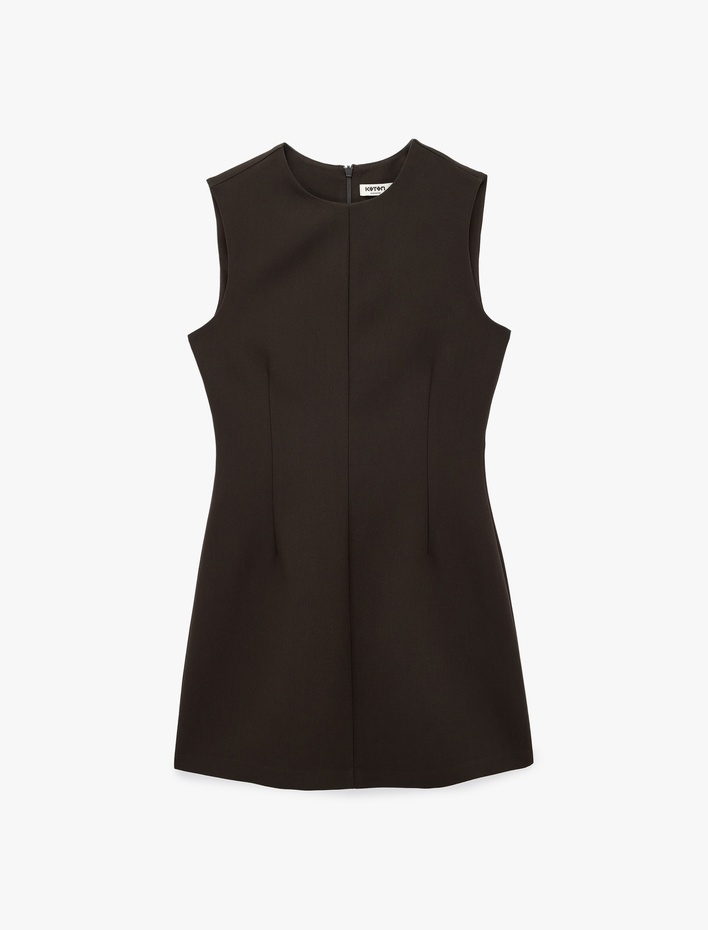  Viskon Karışımlı Dikiş Detaylı Kolsuz Bisiklet Yaka Mini Elbise