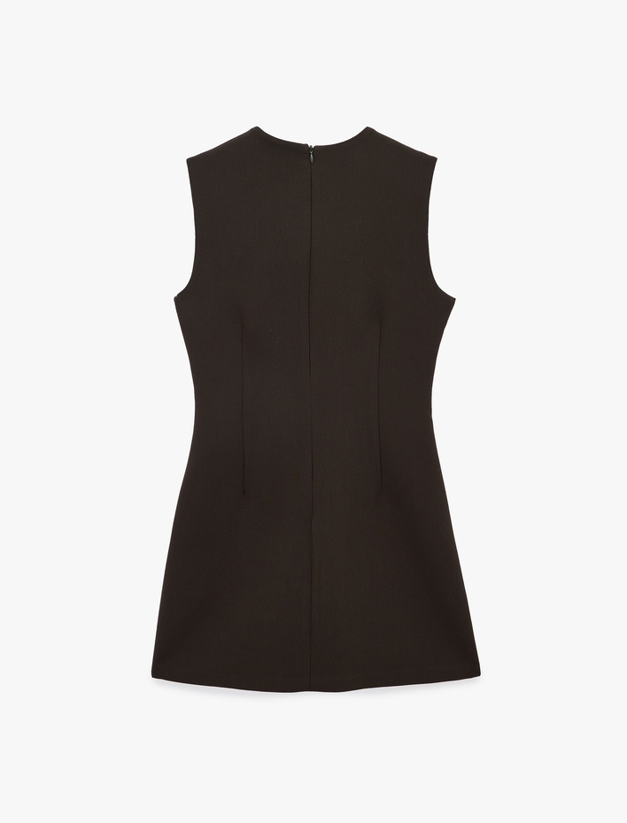  Viskon Karışımlı Dikiş Detaylı Kolsuz Bisiklet Yaka Mini Elbise