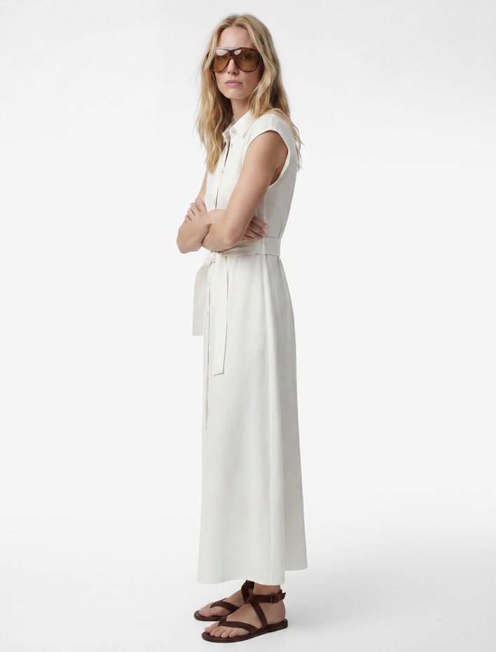  Viskon Kumaş Düğmeli Kuşak Detaylı Kolsuz Uzun Gömlek Elbise