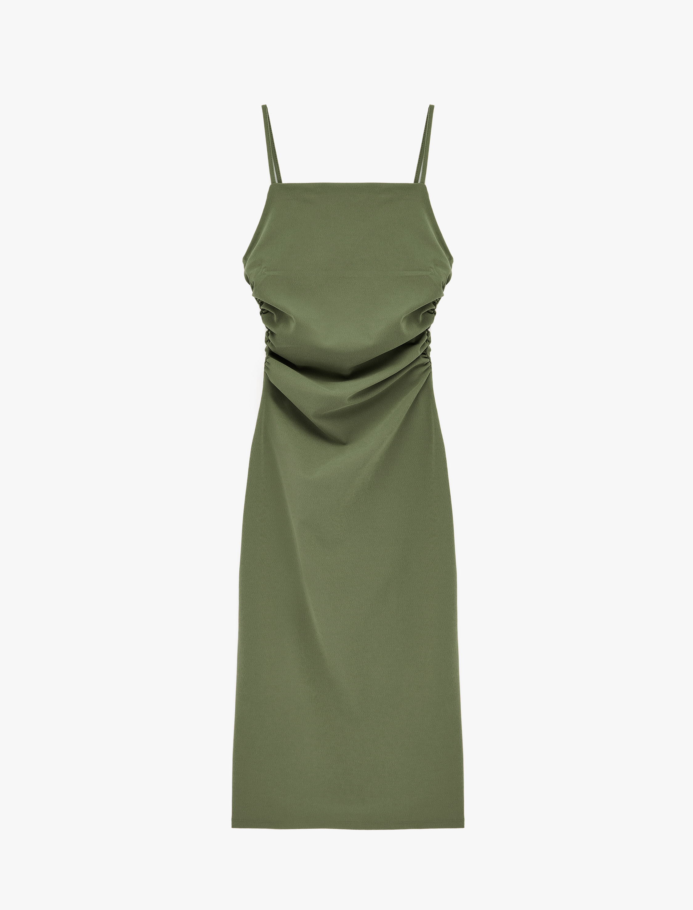 Koton Slim Fit Kare Yaka İp Askılı Bodycon Midi Drapeli Elbise