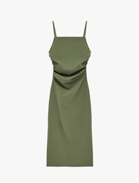 Slim Fit Kare Yaka İp Askılı Bodycon Midi Drapeli Elbise