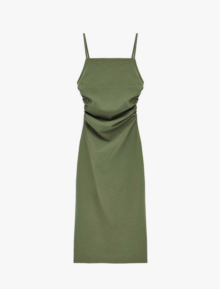  Slim Fit Kare Yaka İp Askılı Bodycon Midi Drapeli Elbise