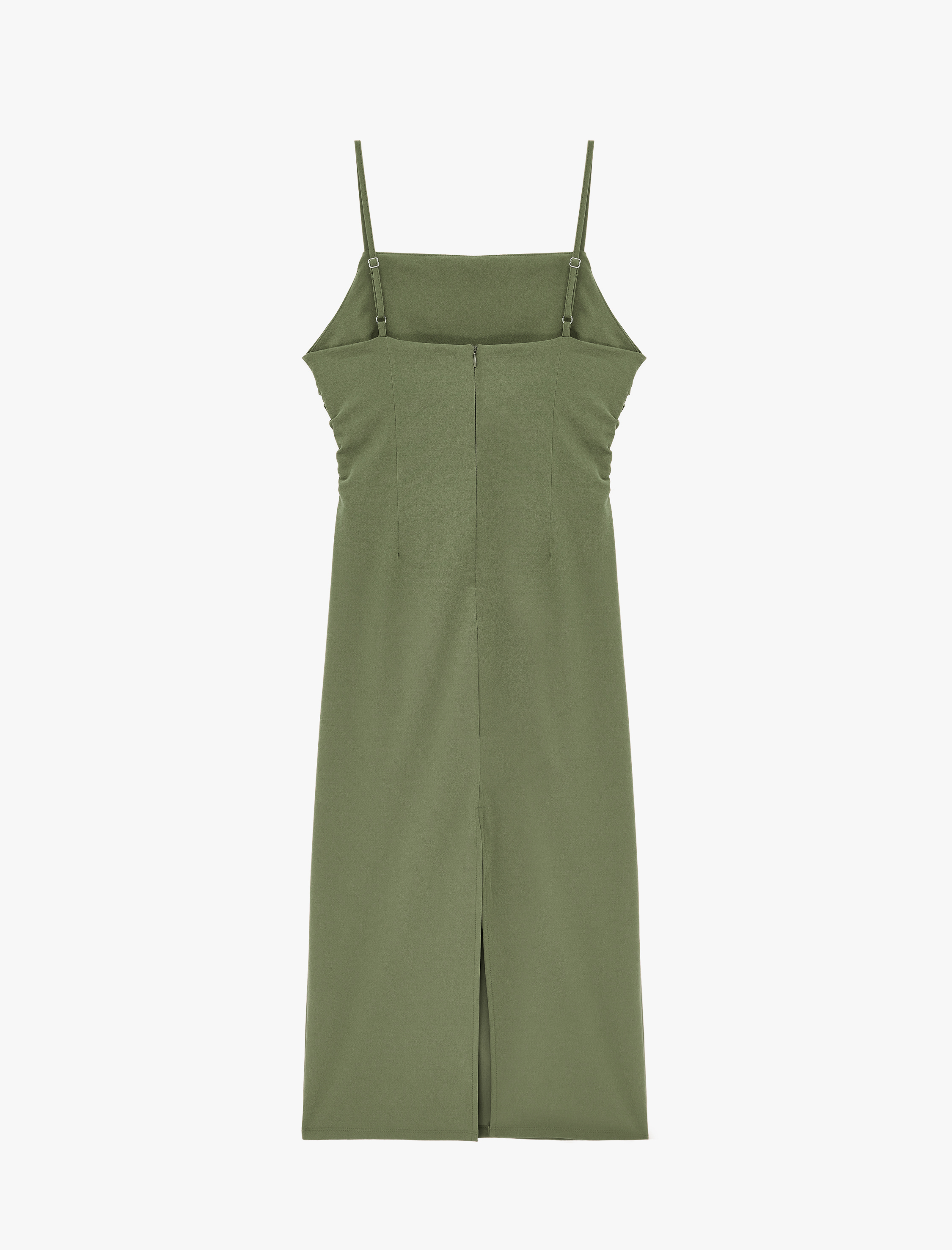 Koton Slim Fit Kare Yaka İp Askılı Bodycon Midi Drapeli Elbise görsel 2