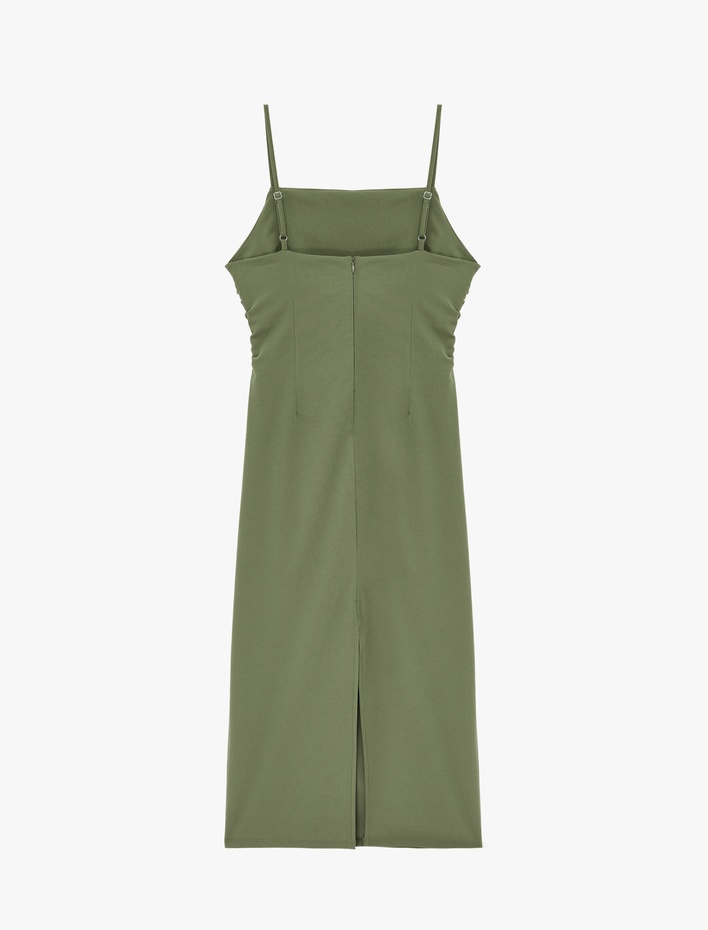  Slim Fit Kare Yaka İp Askılı Bodycon Midi Drapeli Elbise