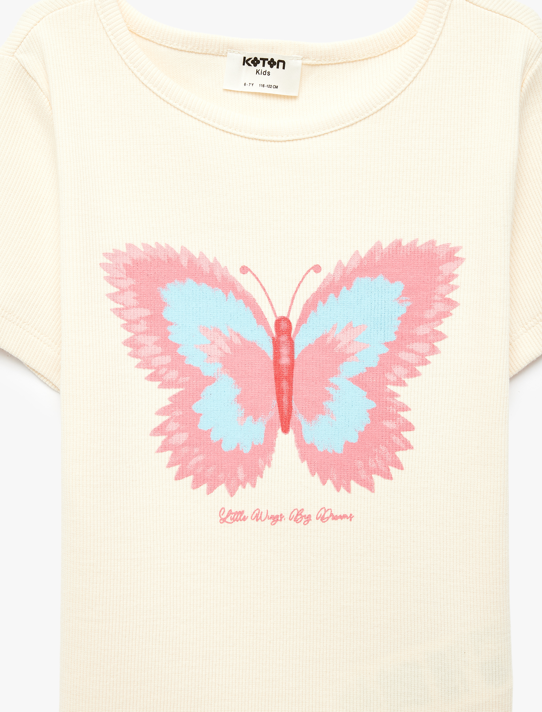  Kız Çocuk Kısa Kollu Bisiklet Yaka Pamuklu Kelebek Baskılı Tişört