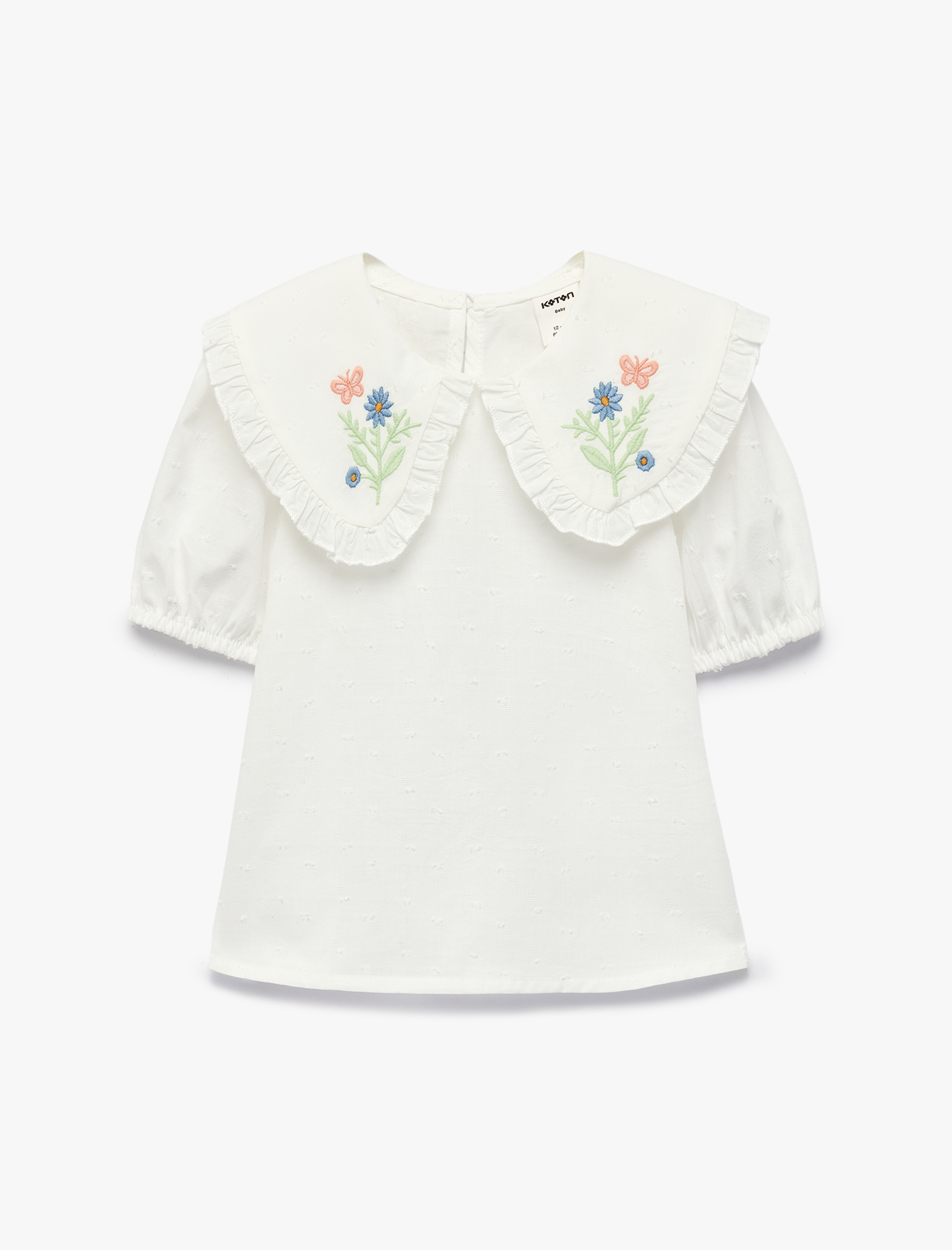  Kız Bebek Pamuklu Kısa Kollu Bebe Yaka Çiçek Nakış Detaylı Bluz