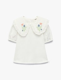 Pamuklu Kısa Kollu Bebe Yaka Çiçek Nakış Detaylı Bluz