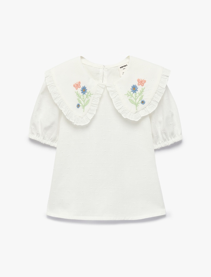 Kız Bebek Pamuklu Kısa Kollu Bebe Yaka Çiçek Nakış Detaylı Bluz