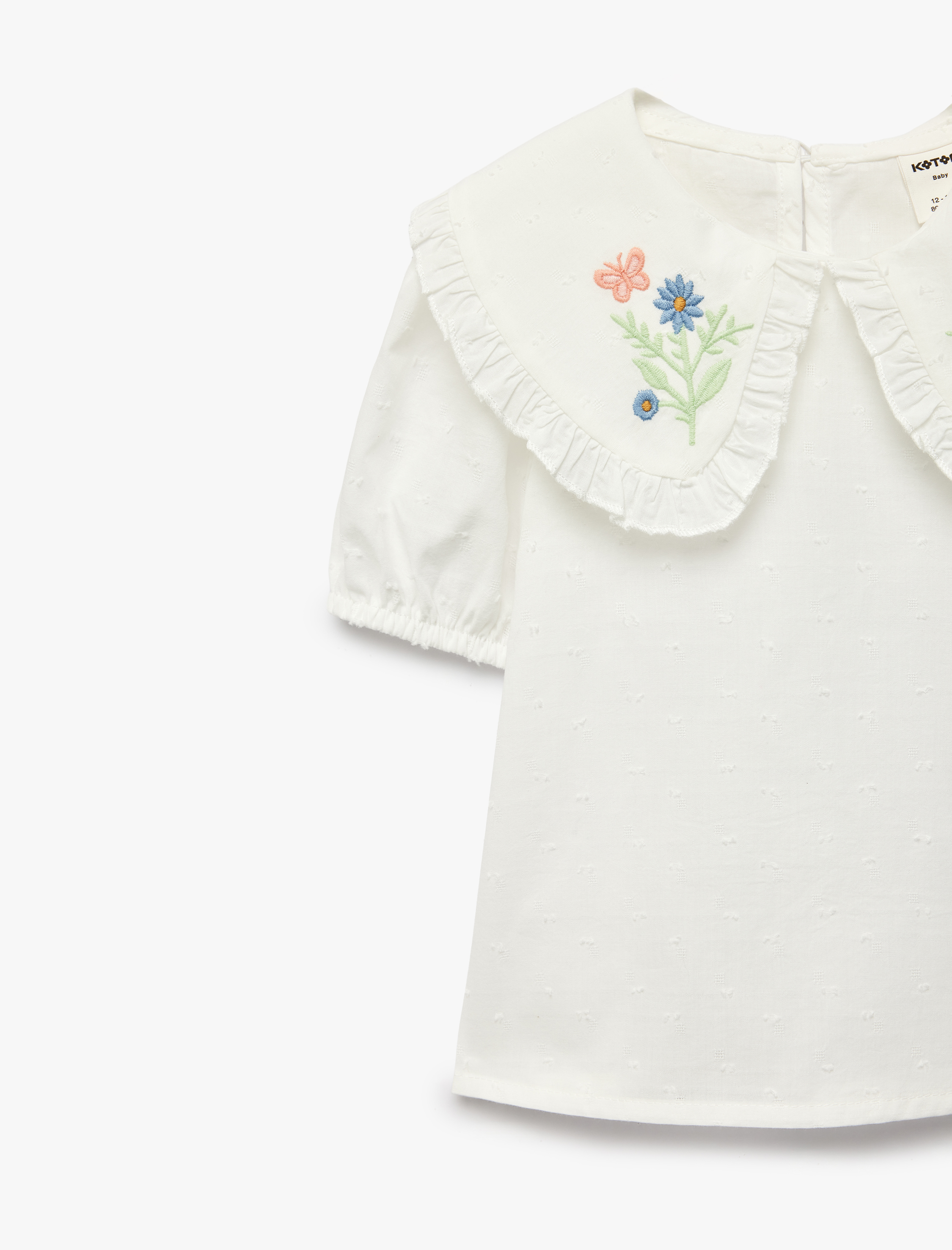  Kız Bebek Pamuklu Kısa Kollu Bebe Yaka Çiçek Nakış Detaylı Bluz