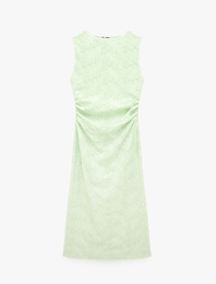 Kolsuz Bisiklet Yaka Drapeli Çiçek Nakışlı Uzun Elbise