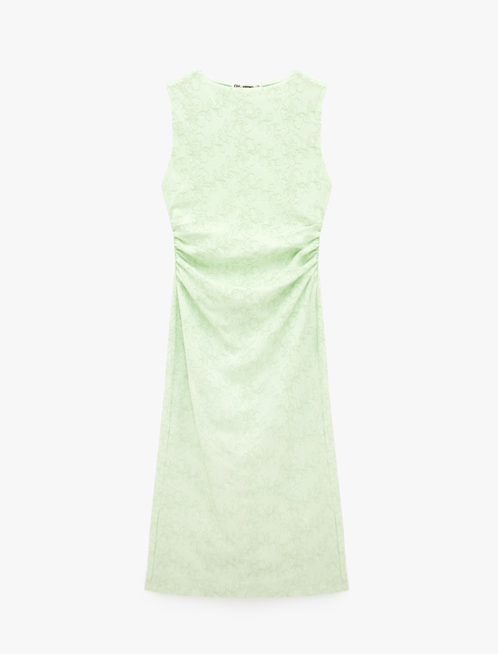  Kolsuz Bisiklet Yaka Drapeli Çiçek Nakışlı Uzun Elbise