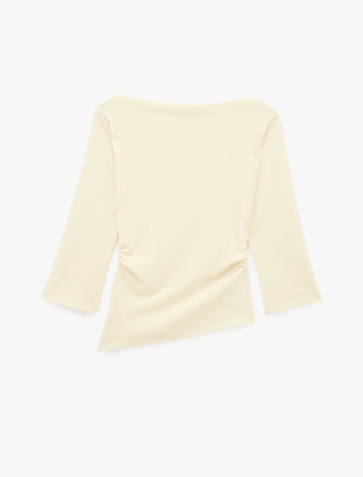  Krep Kumaş Slim Fit Drape Detaylı Asimetrik Kesim Yuvarlak Kayık Yaka Tişört