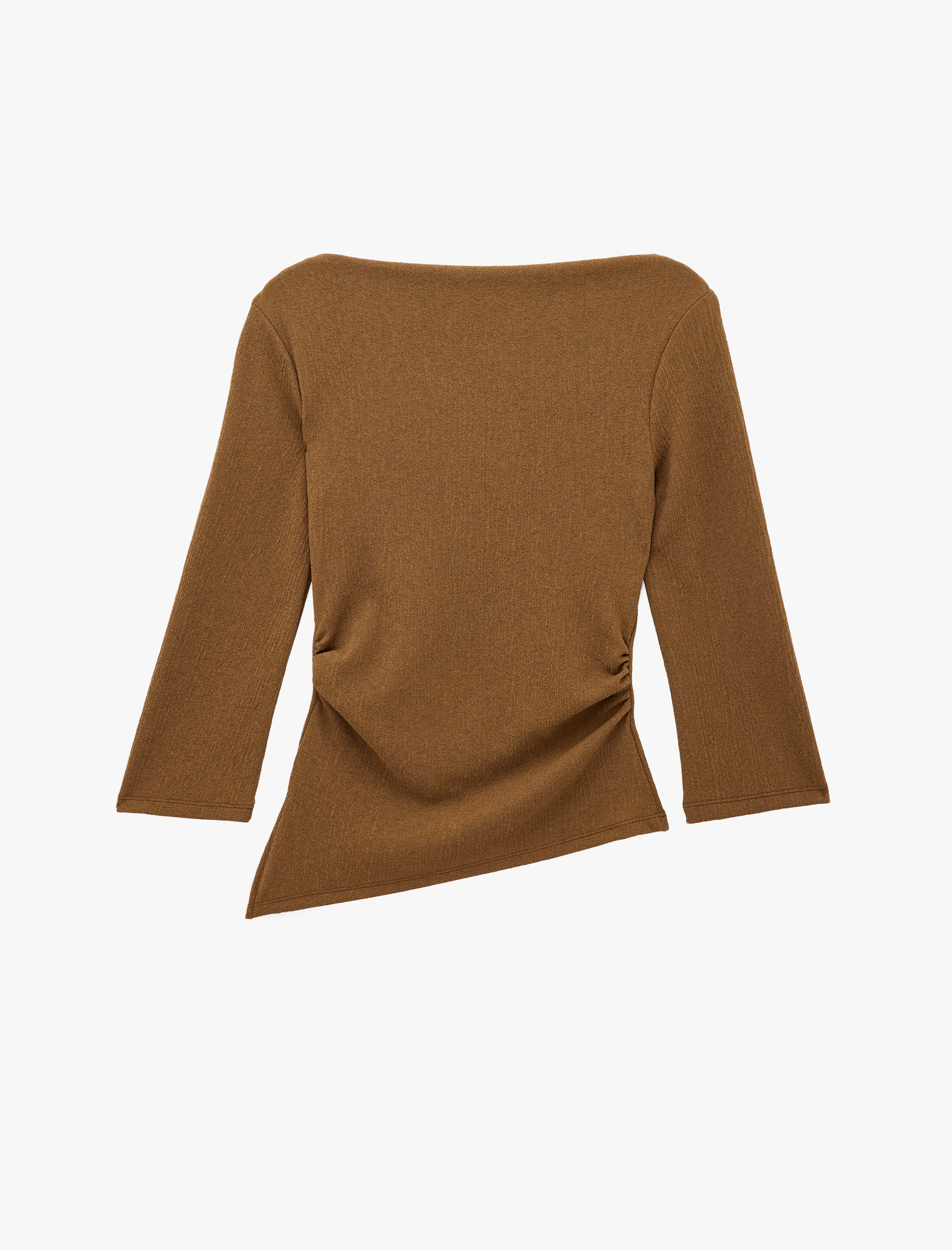   Krep Kumaş Slim Fit Drape Detaylı Asimetrik Kesim Yuvarlak Kayık Yaka Tişört