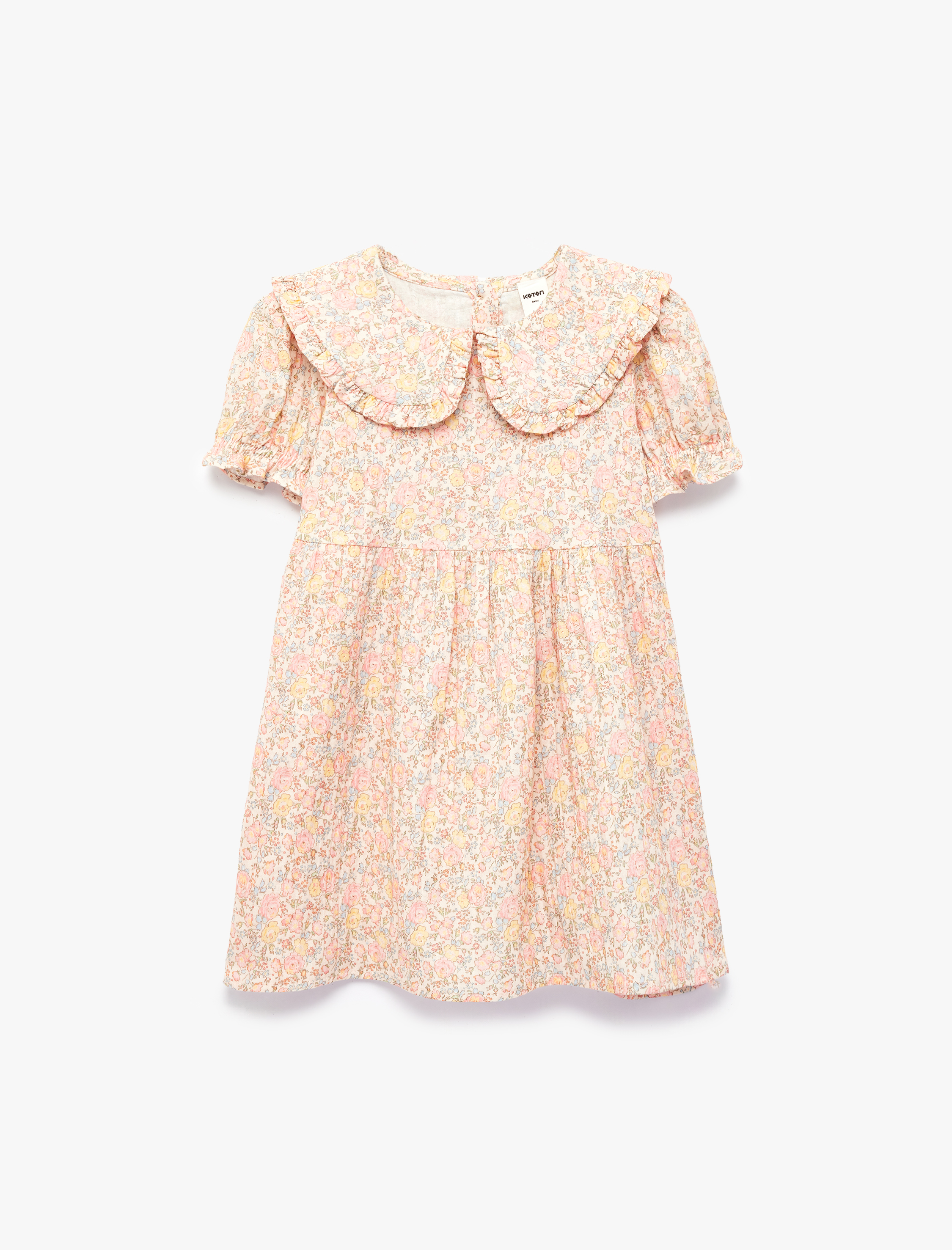  Kız Bebek Pamuklu Fırfırlı Kısa Kollu Bebe Yaka Çiçekli Elbise