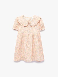 Pamuklu Fırfırlı Kısa Kollu Bebe Yaka Çiçekli Elbise