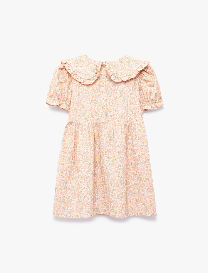 Kız Bebek Pamuklu Fırfırlı Kısa Kollu Bebe Yaka Çiçekli Elbise