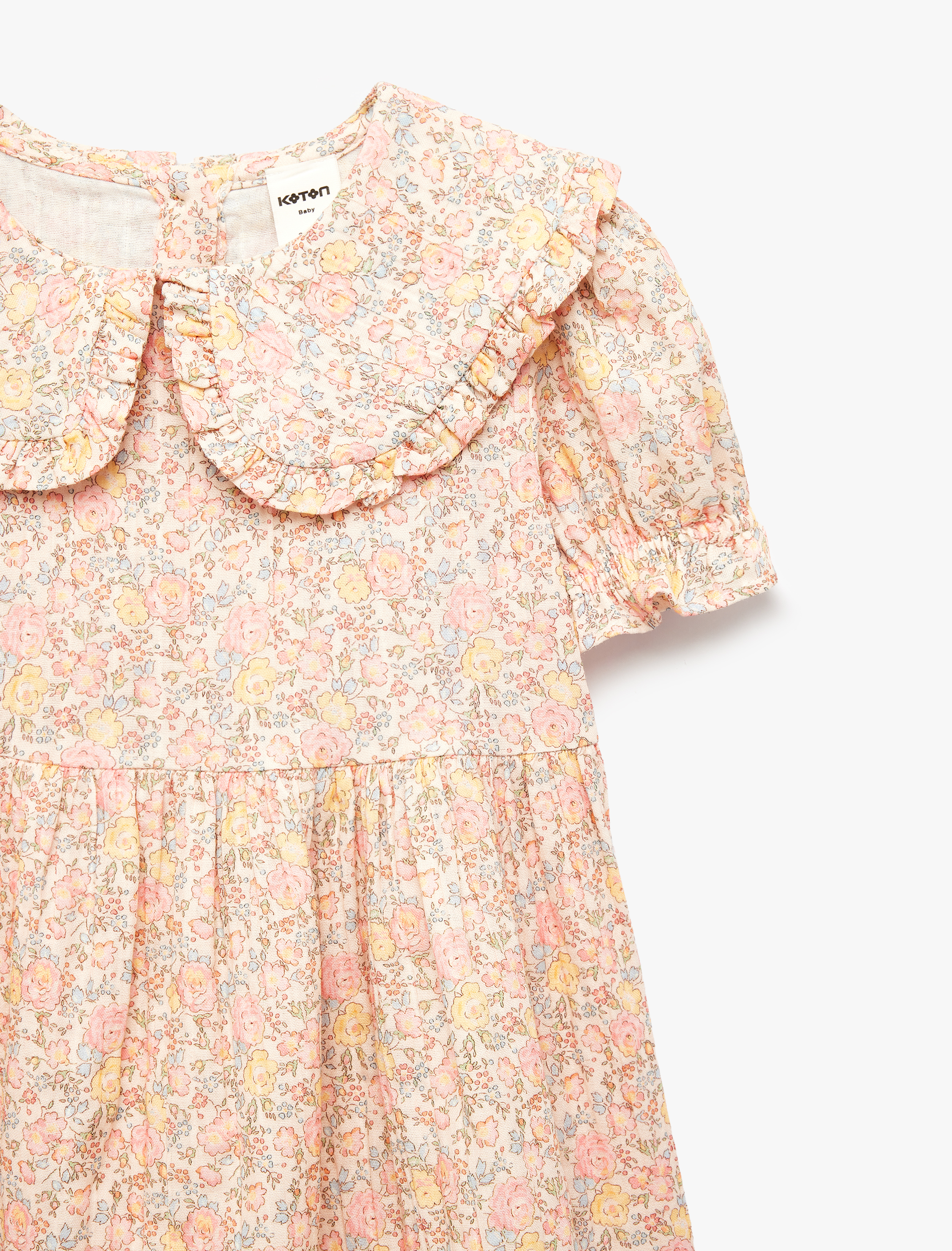  Kız Bebek Pamuklu Fırfırlı Kısa Kollu Bebe Yaka Çiçekli Elbise
