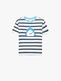 Pamuklu Kısa Kollu Bisiklet Yaka Nakışlı Oversize Çizgili Tişört