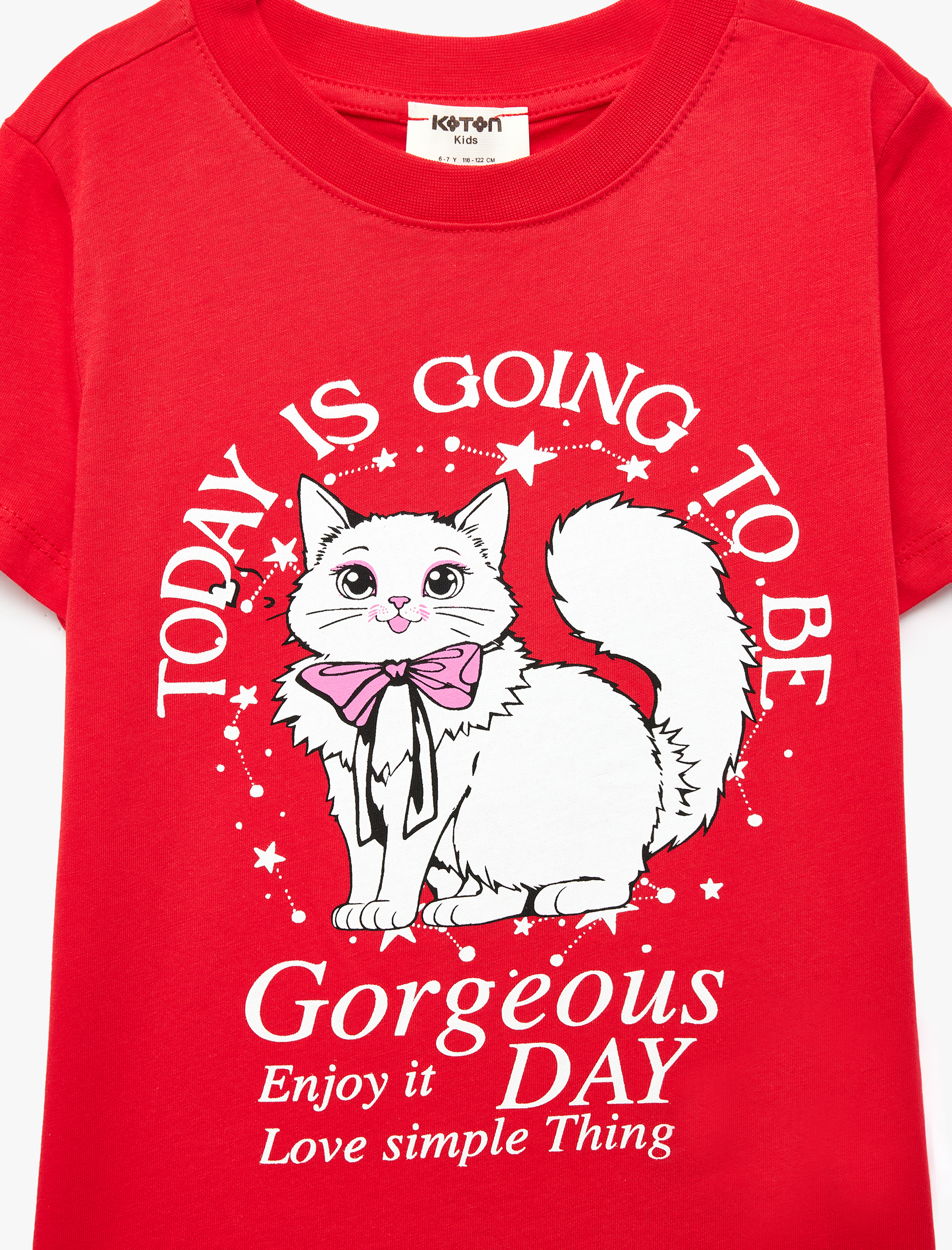  Kız Çocuk Kedi Baskılı Kısa Kollu Bisiklet Yaka Pamuklu Tişört