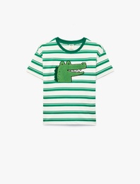 Pamuklu Kısa Kollu Bisiklet Yaka Nakışlı Çizgili Tişört