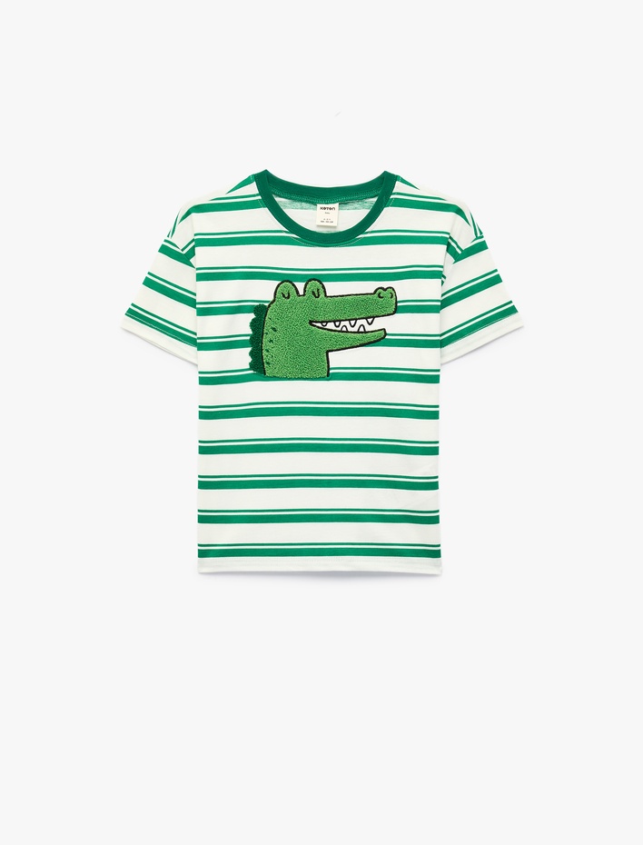 Erkek Bebek Pamuklu Kısa Kollu Bisiklet Yaka Nakışlı Çizgili Tişört