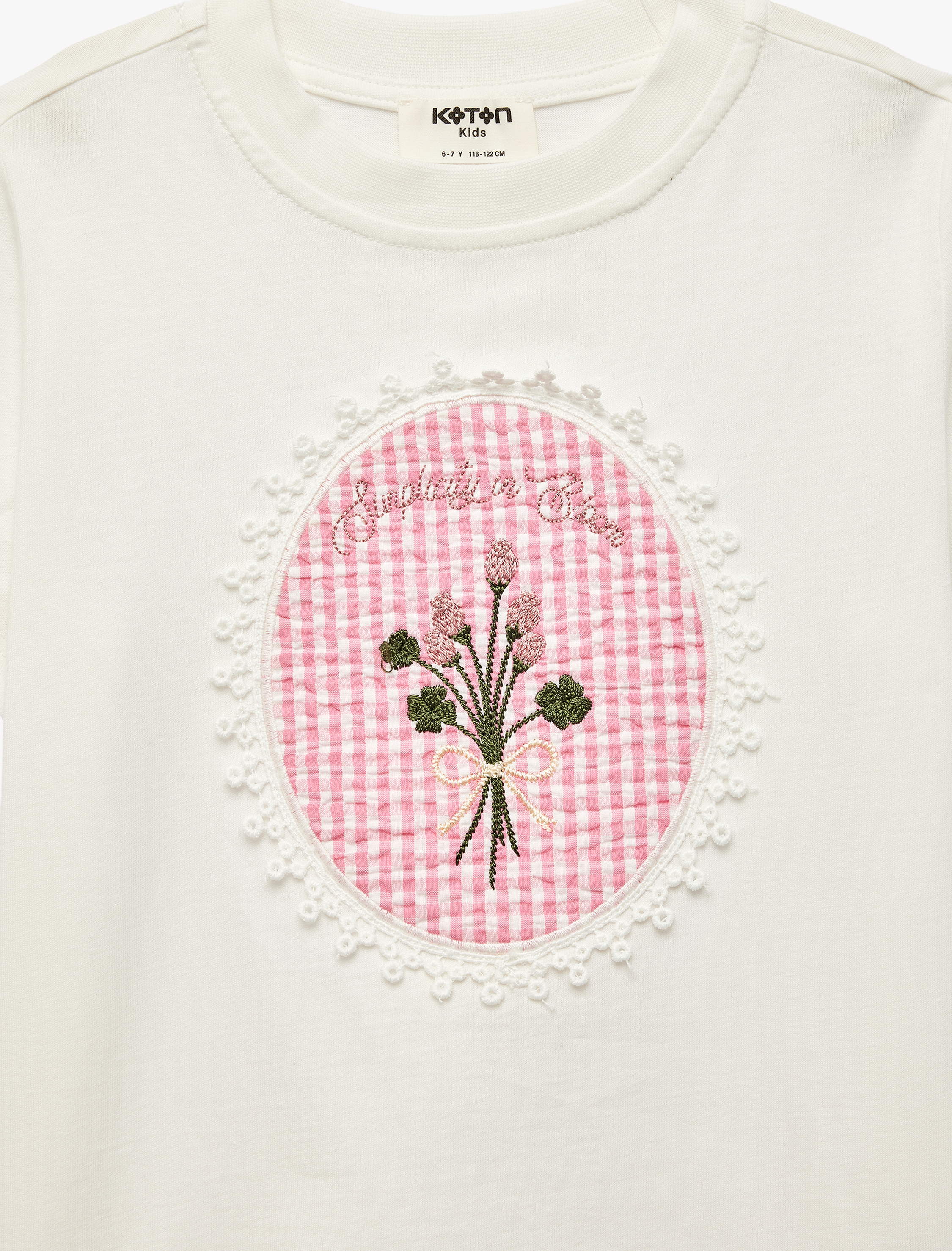  Kız Çocuk Çiçek İşlemeli Pamuklu Bisiklet Yaka Kısa Kollu Tişört