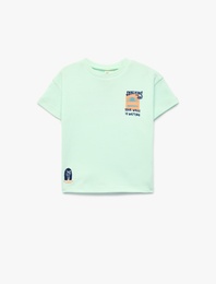 Pamuklu Kısa Kollu Bisiklet Yaka Baskılı Dokulu Oversize Tişört