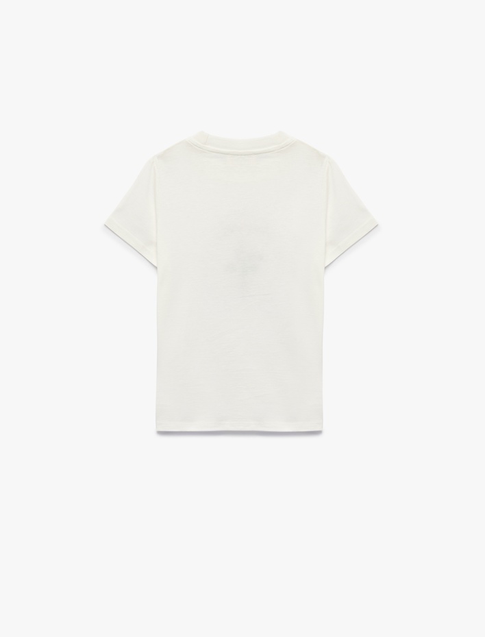 Kız Çocuk Çiçek İşlemeli Pamuklu Bisiklet Yaka Kısa Kollu Tişört