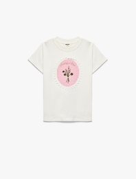 Çiçek İşlemeli Pamuklu Bisiklet Yaka Kısa Kollu Tişört