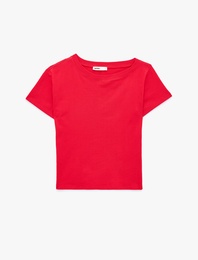 Pamuklu Slim Fit Düşük Omuz Kayık Yuvarlak Yaka Kısa Kollu Tişört