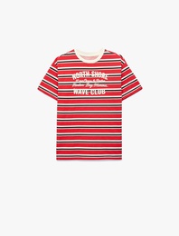 Pamuklu Baskılı Kısa Kollu Bisiklet Yaka Çizgili Tişört