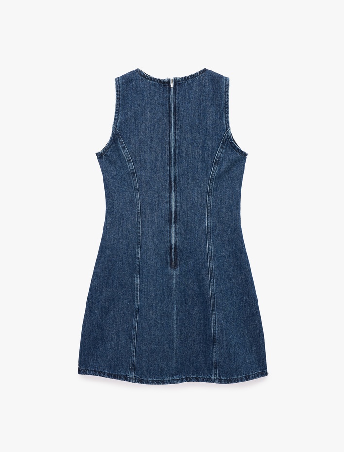  Pamuklu Taş Detaylı Bisiklet Yaka Kolsuz Mini Denim Elbise