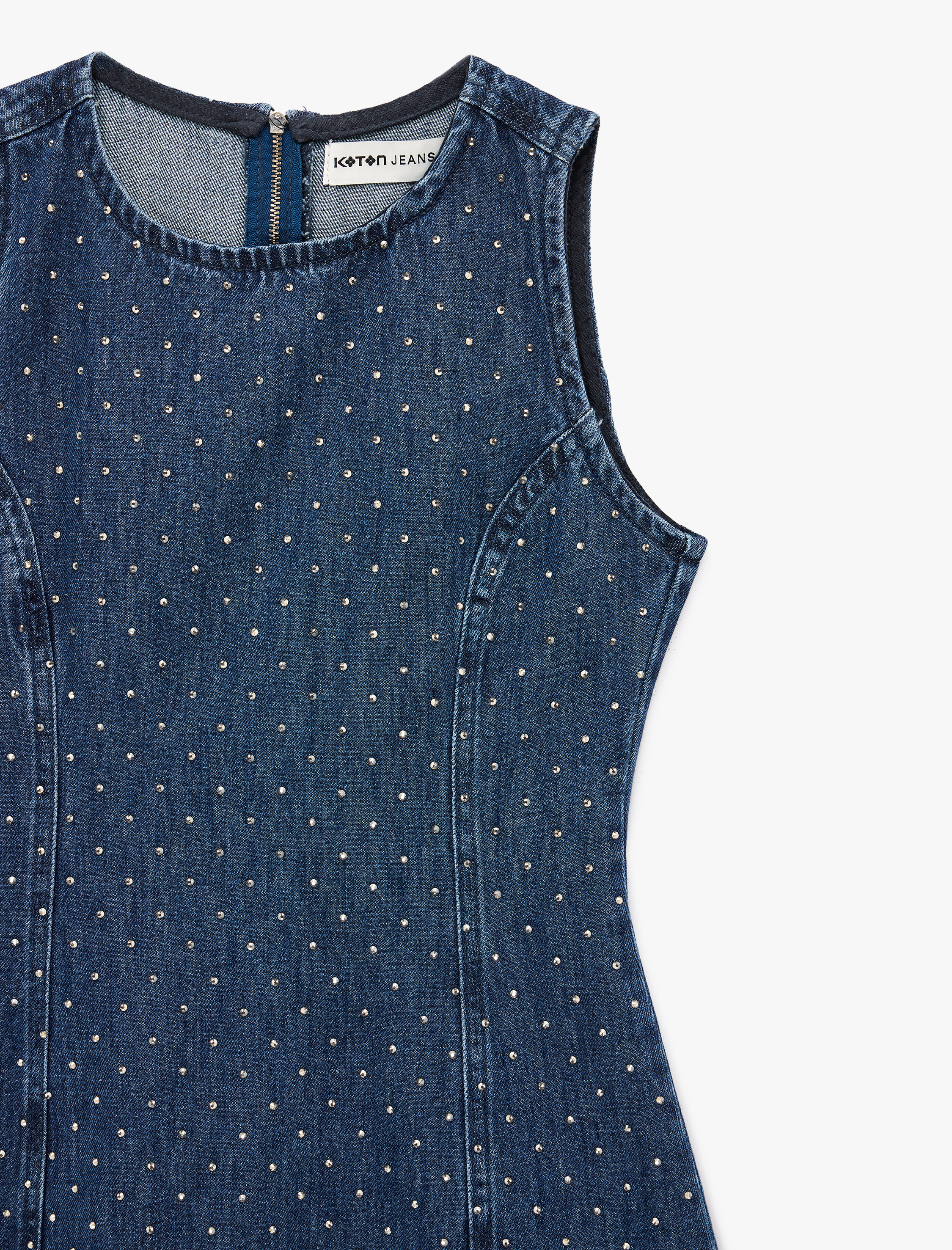   Pamuklu Taş Detaylı Bisiklet Yaka Kolsuz Mini Denim Elbise