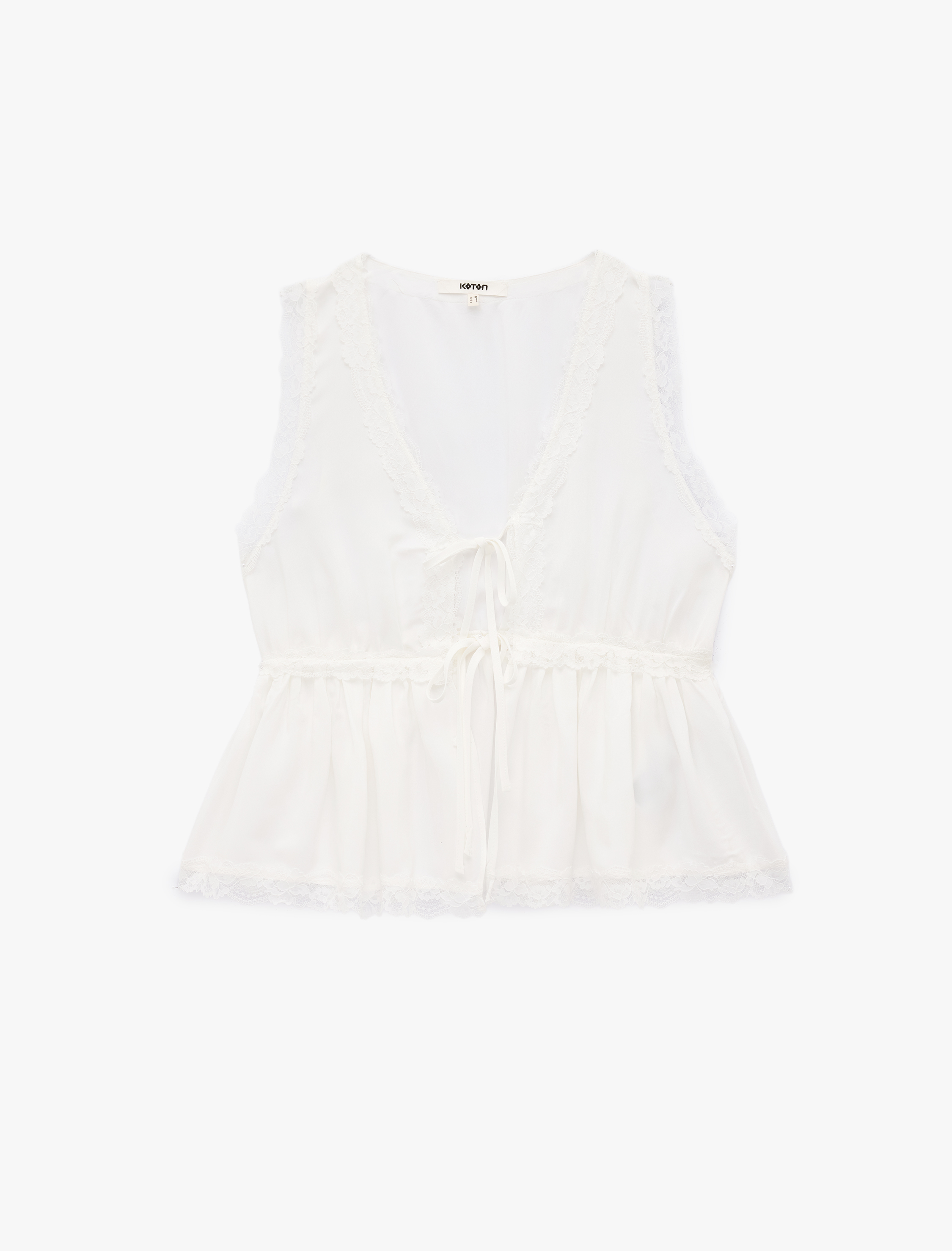   Önden Bağlamalı Fiyonklu Dantel Detaylı V Yaka Kolsuz Bluz