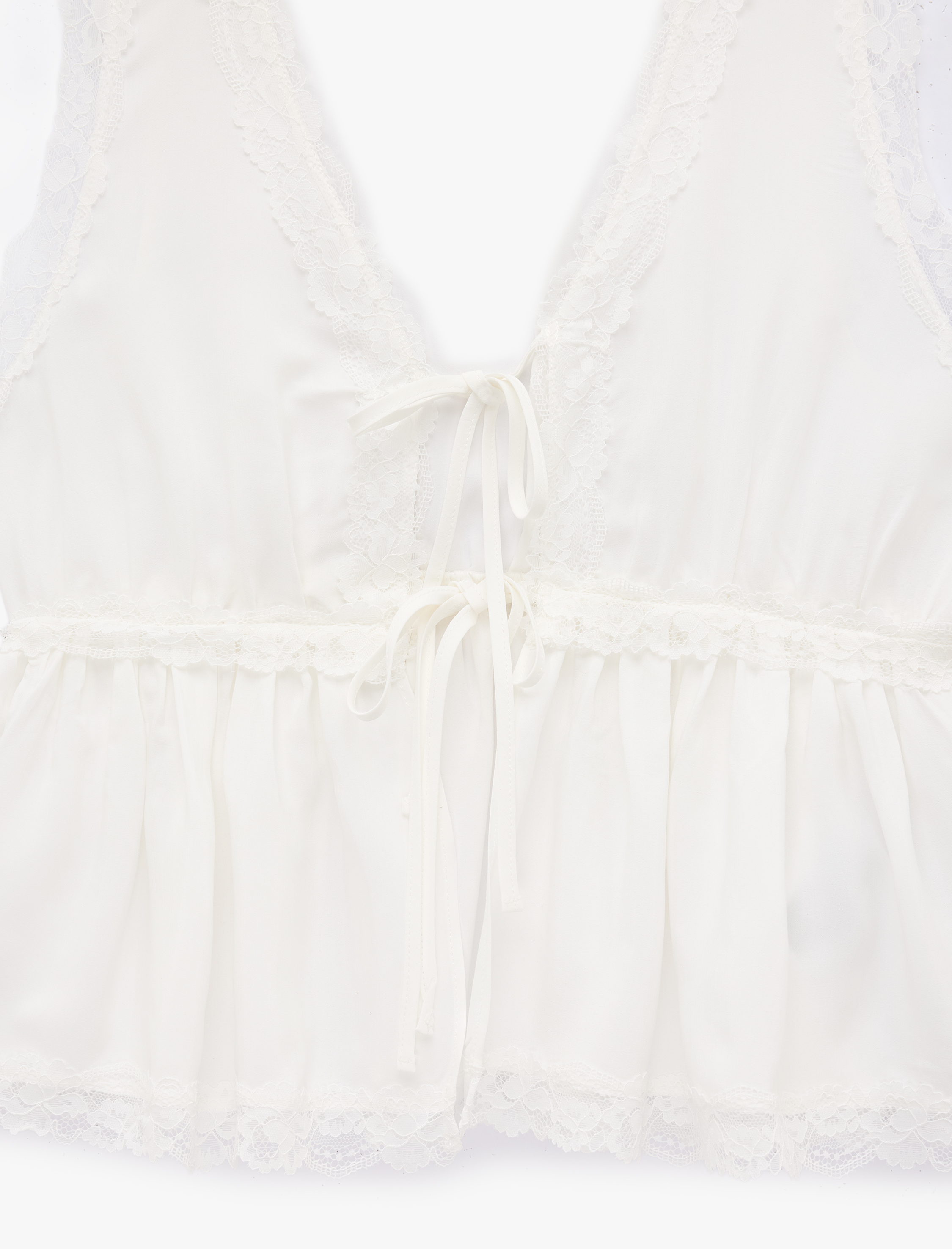   Önden Bağlamalı Fiyonklu Dantel Detaylı V Yaka Kolsuz Bluz