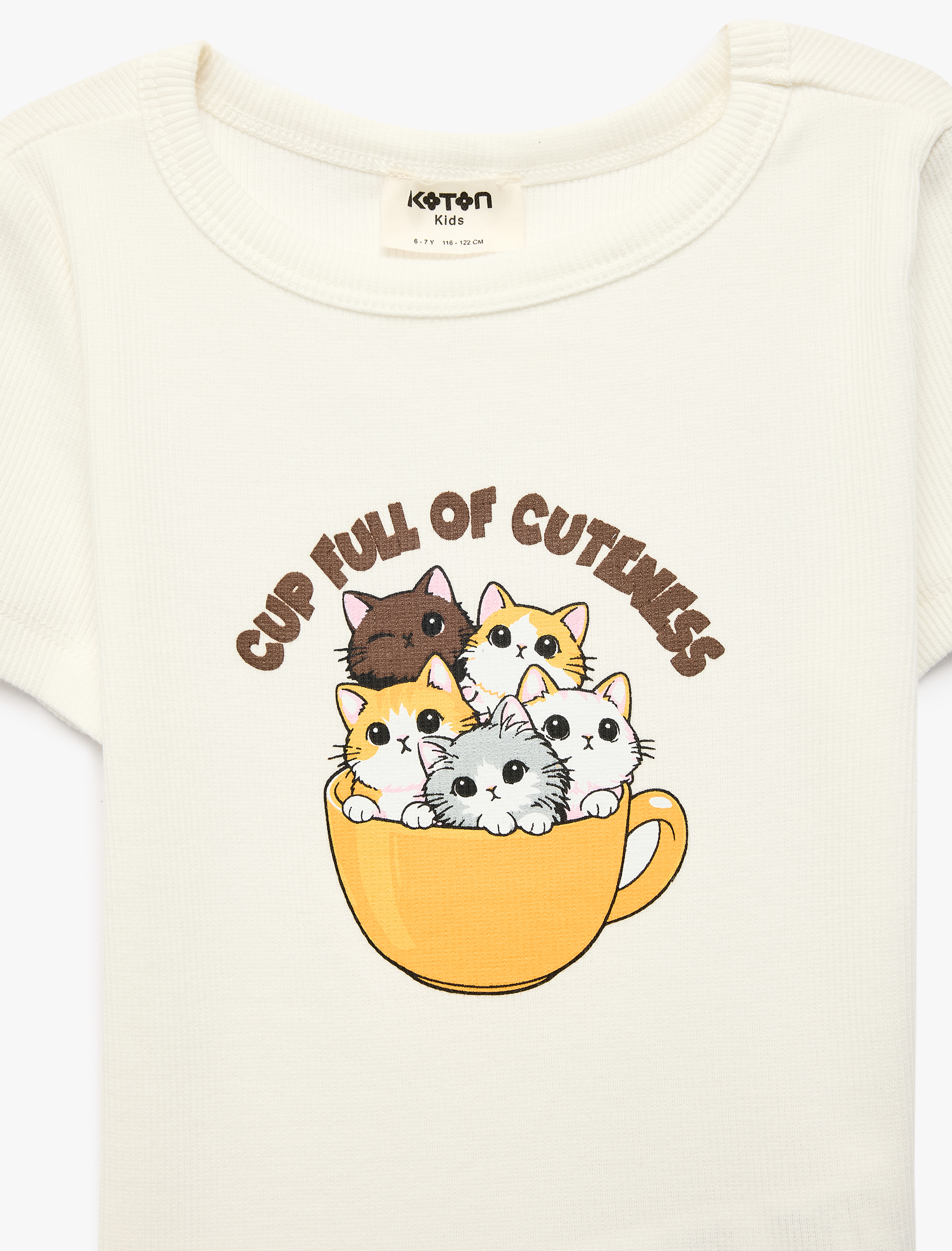  Kız Çocuk Kedi Baskılı Bisiklet Yaka Kısa Kollu Pamuklu Tişört